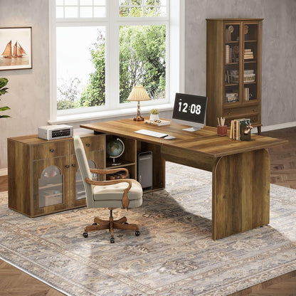 Tribesigns L Shaped Desk, 71-Inch Executive Office Desk with File Cabinet, Farmhouse Large Computer Desk with Drawers, Rustic Brown