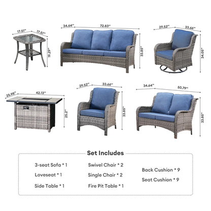 Vcatnet 8 Pieces Outdoor Patio Furniture Sectional Sofa All-weather Conversation Set with Swivel Rocking Chairs and Fire Pit Table for Garden,Poolside,Gray