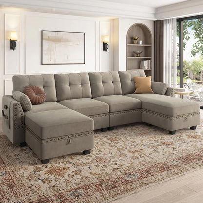 HONBAY Modern Velvet Sofas Set with Storage Ottoman Sectional Sofa in Peal Grey