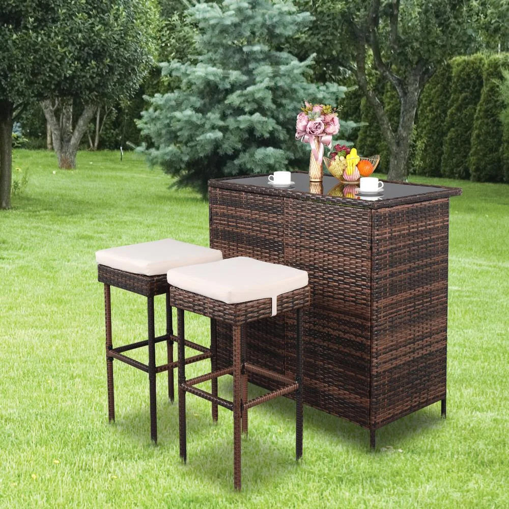 Ktaxon 3PCS Wicker Bar Set Patio Outdoor Table & 2 Stools Furniture Steel, Outdoor Bistro Set w/ Wicker Bar Stools