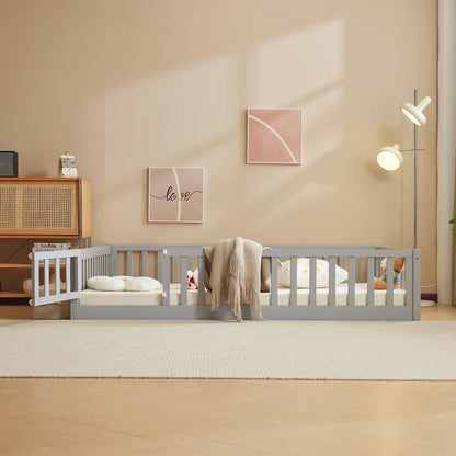 Zimtown Montessori Floor Bed Frame, Full Size Kids Toddler Bed with Fence and Door, Wooden Platform Bed, White