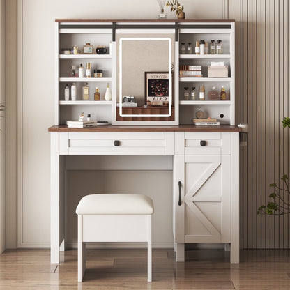 Montary Modern Mini Vanity w/Adjustable LED Mirror + Hidden Storage, Padded Stool & Dustproof Shelves (White)