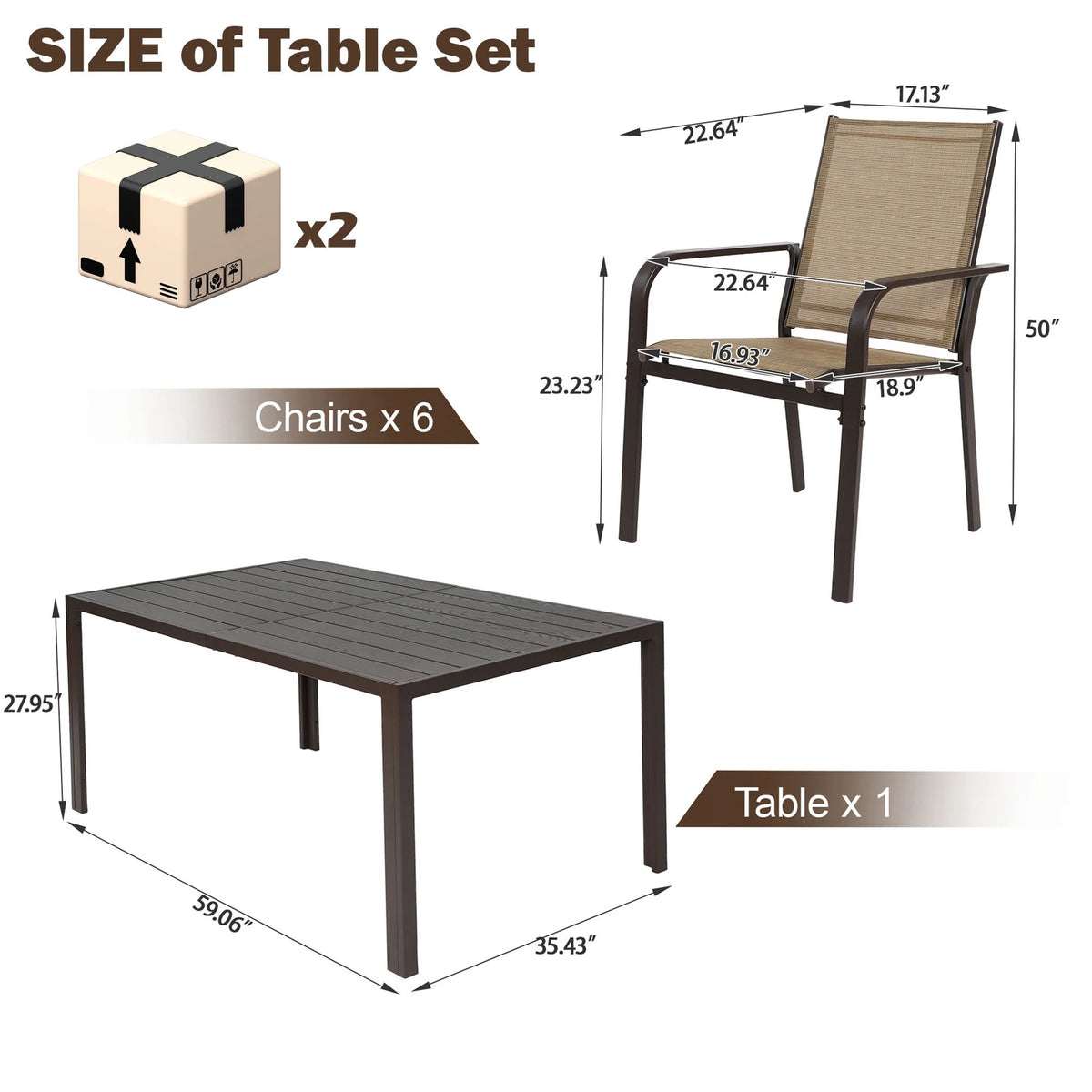 Seizeen 7-Piece Outdoor Table and Chairs, Patio Table Set with 6 Rattan Chairs, All-weather Outdoor Patio Dining Sets Rectangular Metal Table with Acacia Wood Top, Umbrella Hole, Gray