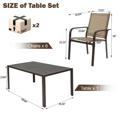 Seizeen 7-Piece Outdoor Table and Chairs, Patio Table Set with 6 Rattan Chairs, All-weather Outdoor Patio Dining Sets Rectangular Metal Table with Acacia Wood Top, Umbrella Hole, Gray