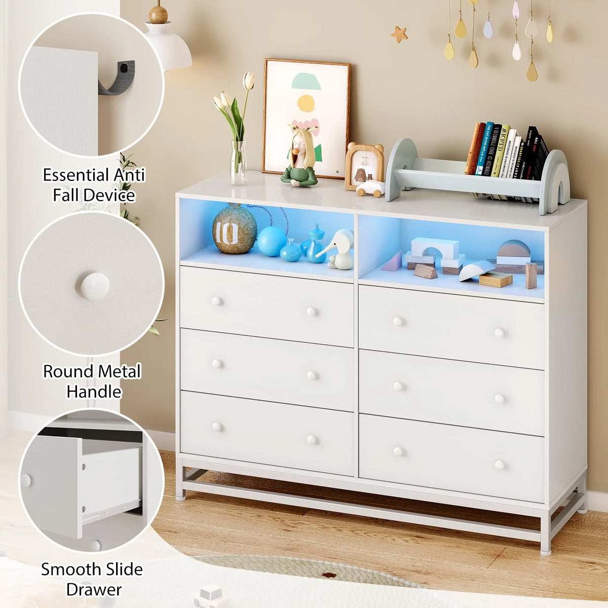 Homhougo Dresser for Bedroom 6 Drawer with LED Light & Charging Station, Wooden Dressers and Chests of Drawers with 2-Tier Open Shelves, Wide Dresser Organizer for Living Room Hallway Entryway, Pink