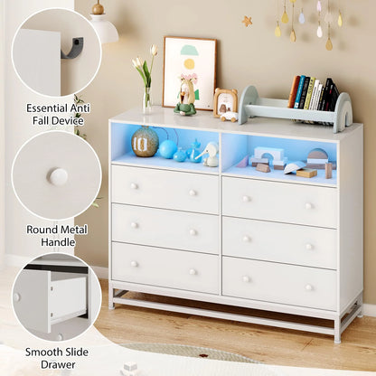 Homhougo Dresser for Bedroom 6 Drawer with LED Light & Charging Station, Wooden Dressers and Chests of Drawers with 2-Tier Open Shelves, Wide Dresser Organizer for Living Room Hallway Entryway, Pink