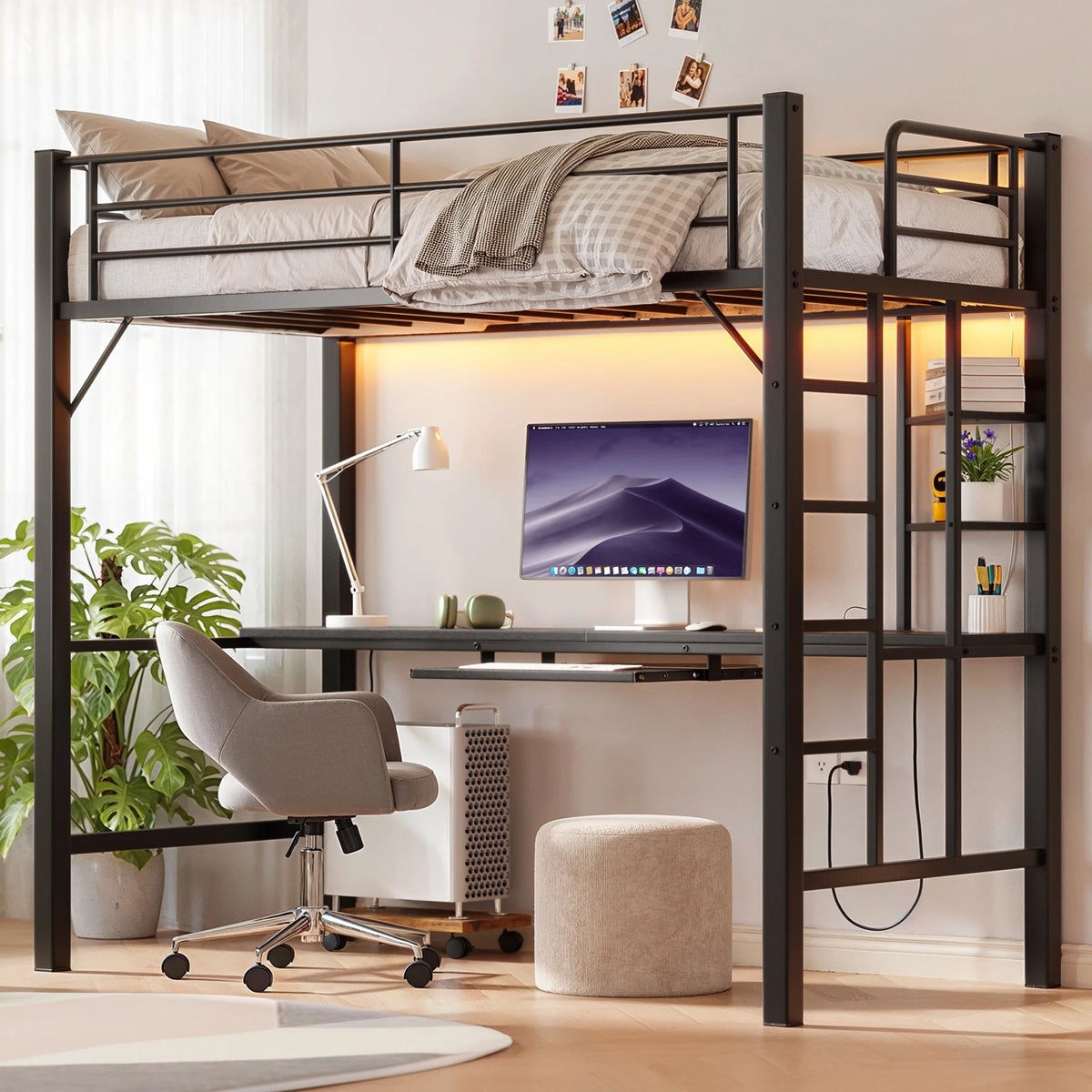 Lofka Twin Loft Bed with L-Shaped Desk, RGB Lights & Charging Station, 400lb Capacity Metal Frame, 3 Shelves & 2 Drawers, Easy Assembly��White