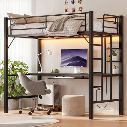 Lofka Twin Loft Bed with L-Shaped Desk, RGB Lights & Charging Station, 400lb Capacity Metal Frame, 3 Shelves & 2 Drawers, Easy Assembly��White