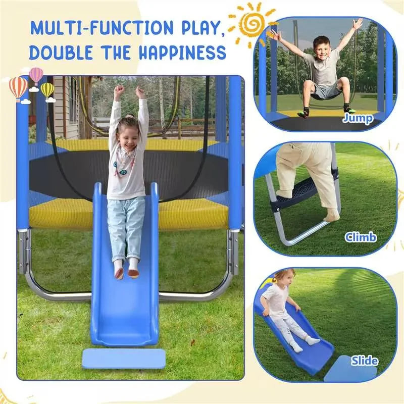 EUROCO  7FT Kids Trampoline with Safety Enclosure Net, Indoor Outdoor Trampoline with Slide,Ladder,Spring Pad,All-Weather Trampolines