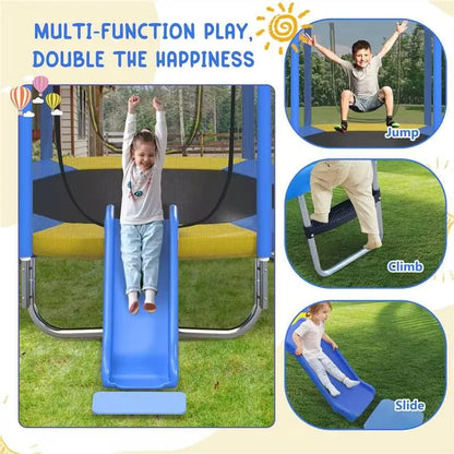 EUROCO  7FT Kids Trampoline with Safety Enclosure Net, Indoor Outdoor Trampoline with Slide,Ladder,Spring Pad,All-Weather Trampolines