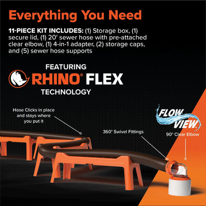 Camco Rhino 12-Piece RV Sewer Kit for Camping, 20-Ft Sewer Hose & Storage Box, 1 Pack - Orange (43075)