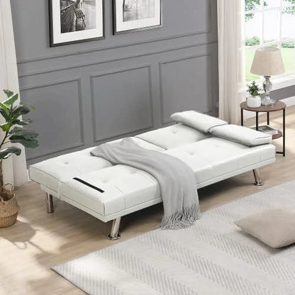 Convertible Folding Futon Sofa Bed Sleeper Couch for Living Room, Modern Faux Leather Upholstered Loveseat w/Removable Armrests, Metal Legs, 2 Cup Holders, Love Seat Sofa Bed for Small Spaces (Brown)