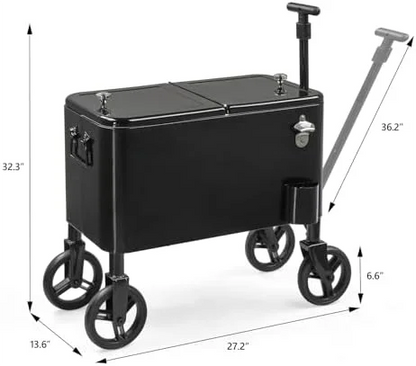 80 Quart Wagon Rolling Cooler Ice Chest, /Long Handle and 10" Wheels, Portable Beach Patio Party Bar Cold Drink Beverage, Outdoor Park Cart on Wheels