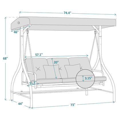 MCombo 3-Seat Outdoor Patio Swing Chair Cushioned with Adjustable Backrest and Canopy, Pillow, Brown