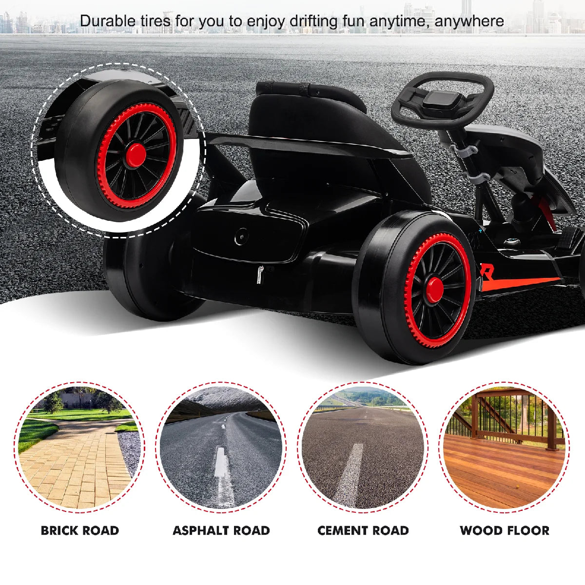 24V  Drift Kart with 2X150W Strong Motor, 7AH Big Battery, Electric Pedals, Electric Go Kart Outdoor Race Toy