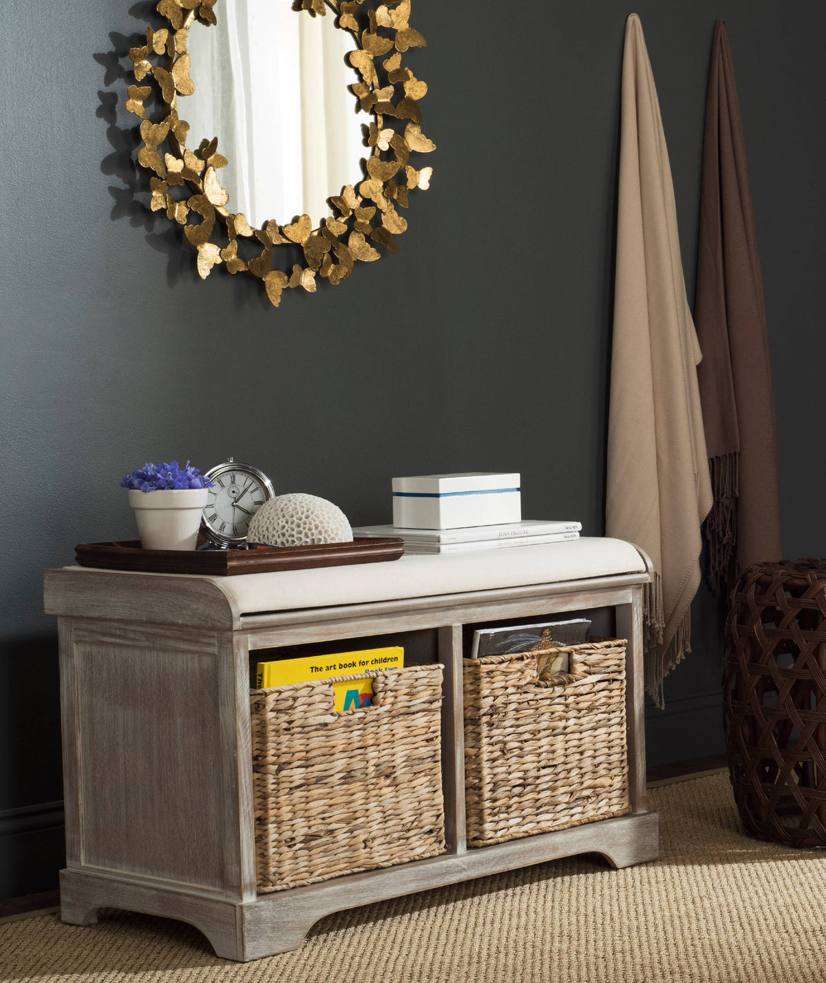 SAFAVIEH Freddy Contemporary Wicker Storage Bench with Cushion, Vintage Grey