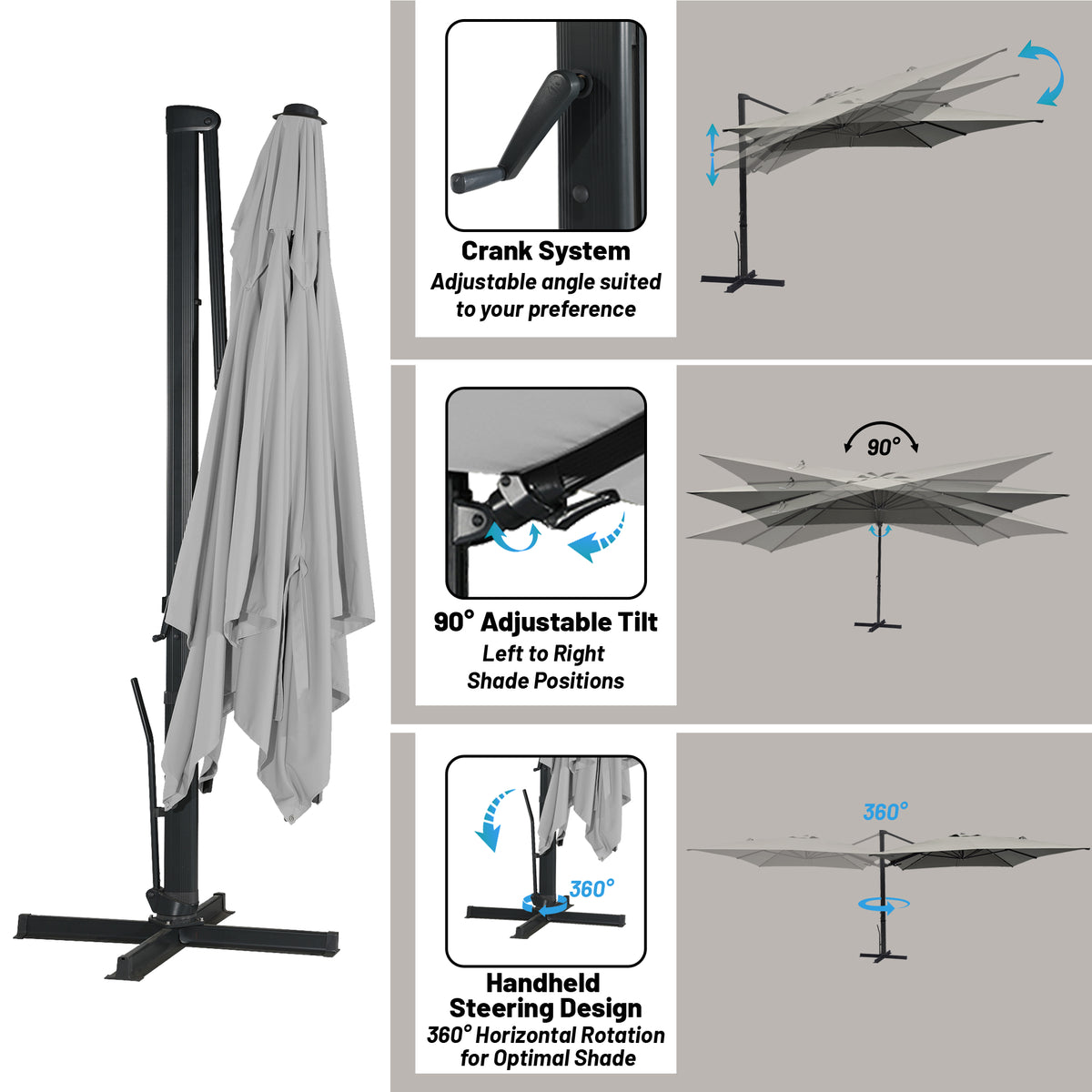 Boyel Living 10 x 13 FT Rectangle Patio Offset Umbrella Outdoor Large Cantilever Umbrella Heavy Duty Sun Umbrella, Gray(Without Base)