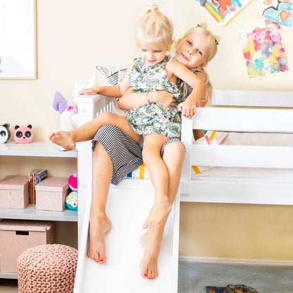 Max & Lily Wood Twin over Twin Bunk Bed for Kids with Wooden Staircase and Slide, White