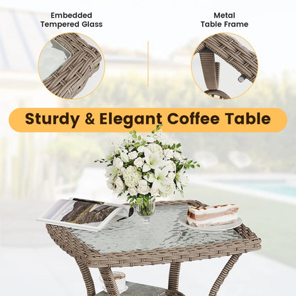 ELPOSUN 3 Pieces Patio Furniture Set, Outdoor Swivel Gliders Rocker, Wicker Patio Bistro Set with Rattan Rocking Chair, Glass Top Side Table and Thickened Cushions for Porch Deck Backyard