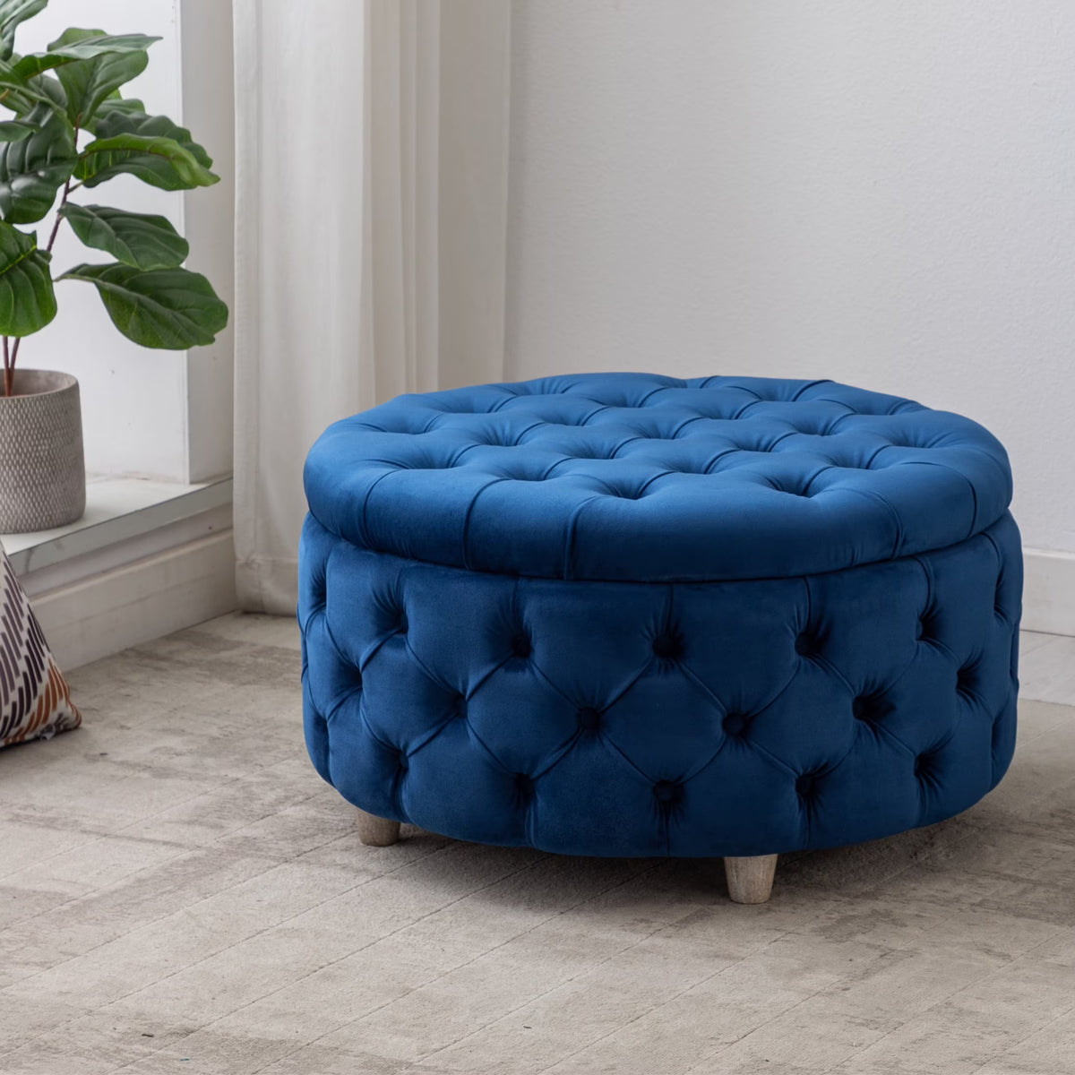 WestinTrends Wordford Round Velvet Tufted Storage Ottoman, Velvet Navy Blue