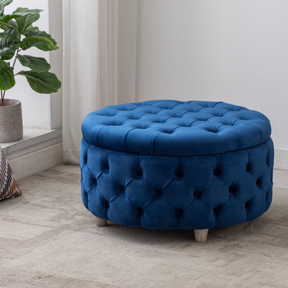WestinTrends Wordford Round Velvet Tufted Storage Ottoman, Velvet Navy Blue