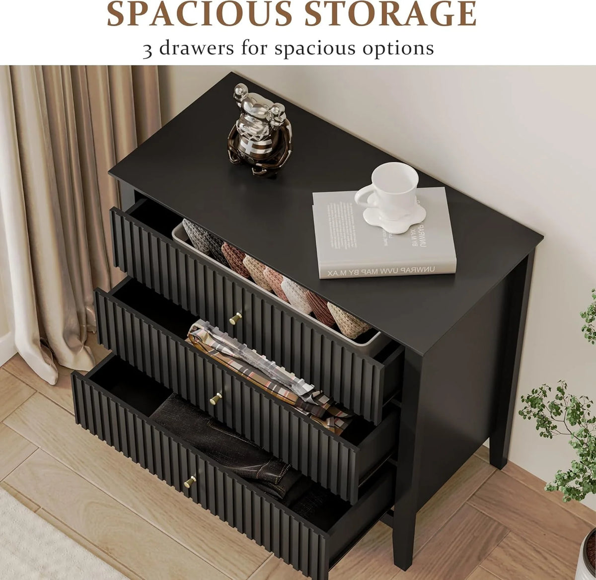 Heynemo Beige 6 Drawer Dresser, Fluted Modern Wood Chest