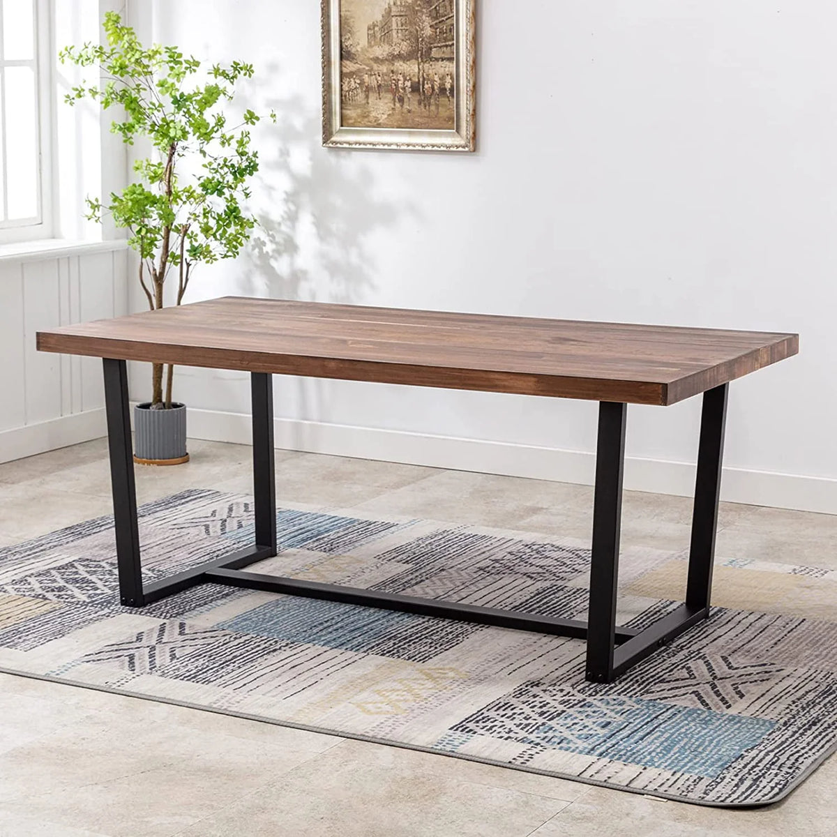 ChVans Dining Table for 4-6 Person, Rustic Farmhouse Solid Wood Dining Table with Metal Frame for Kitchen Meal(Brown-72 in Dining Table)