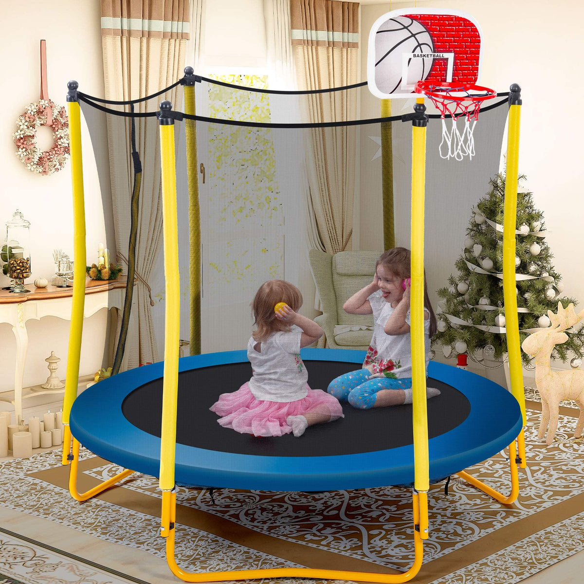 Leuco 66" Kids Trampoline with Basketball Frame, Rubber Ball and Enclosure Net, 5.5ft Mini Small Toddler Trampoline Toys for Indoor and Outdoor Use, Age for 1-8 years old
