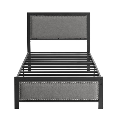VECELO Queen Size Bed Frame Metal Platform Bed with Upholstered Headboard, No Box Spring Needed, Black