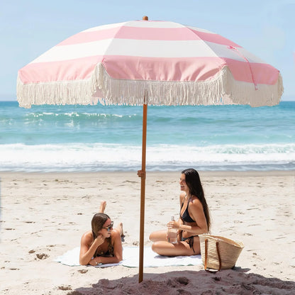 7ft Patio Umbrella with Fringe Outdoor Tassel Umbrella UPF50+ Premium Steel Pole and Ribs Push Button Tilt, Riviera Pink Stripe