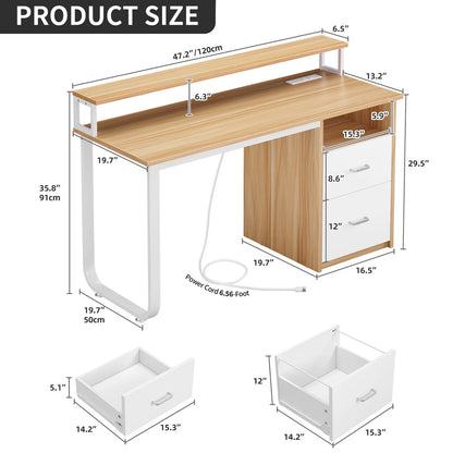 TDUKDB 47/55   Inch Home Office LED Computer Desk with File Drawer and Power Outlets. Ideal for Home Office  Study  Stable Design, Stylish  Simple-inch-Brown  White