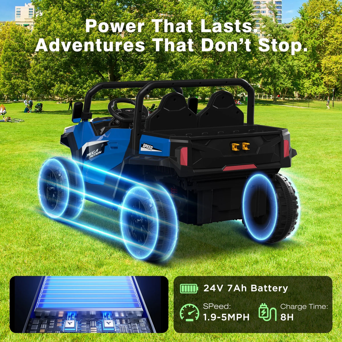 Mega Motion 24V Kids Electric Ride-On UTV Truck with 4WD, Dump Bed, 2 Seats, LED Lights, Music, Remote Control, Shovel, for Boys & Girls