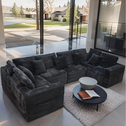 SOULART 135.5 Modular Customizable/L/U-Shape Sofa,Dark Grey Boneless Sectional Couch -  6-Seater Corduroy Couchfor Living Room Furniture