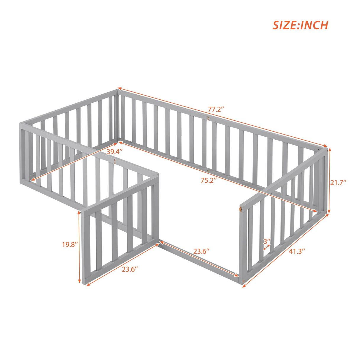 Wood Floor Bed with Fence and Door for Kids, Twin, Gray