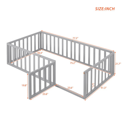Wood Floor Bed with Fence and Door for Kids, Twin, Gray