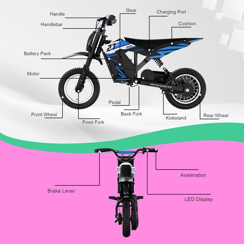 RCB Electric Dirt Bike,36V&300W&10Miles,3 Speed Modes Motocross for Kids Ages 3-12 Red