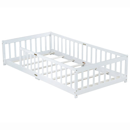 Miniyam Wooden Twin Size Floor Bed with Safety Fence for Kids, Natural