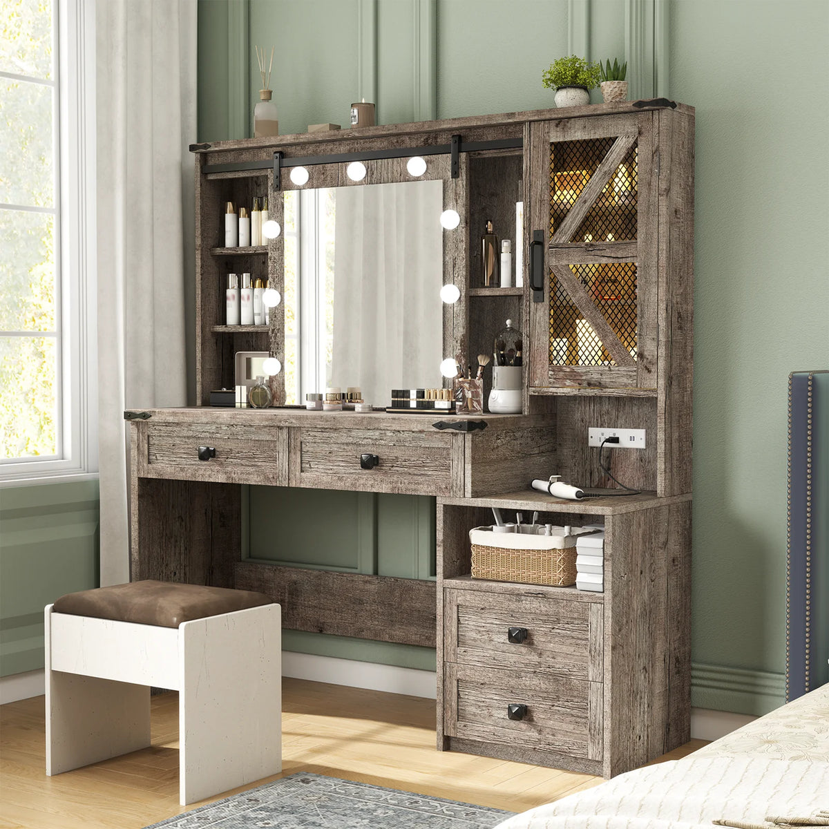 EnHomee Makeup Vanity Desk with Lighted Mirror Large Vanity with 4 Drawers Farmhouse Vanity Set with Mirror and Lights,White