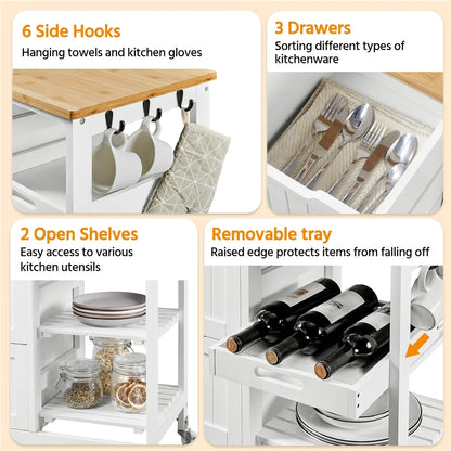 Alden Design 33" H Kitchen Storage Serving Cart for Kitchen Dining Room Bar, White