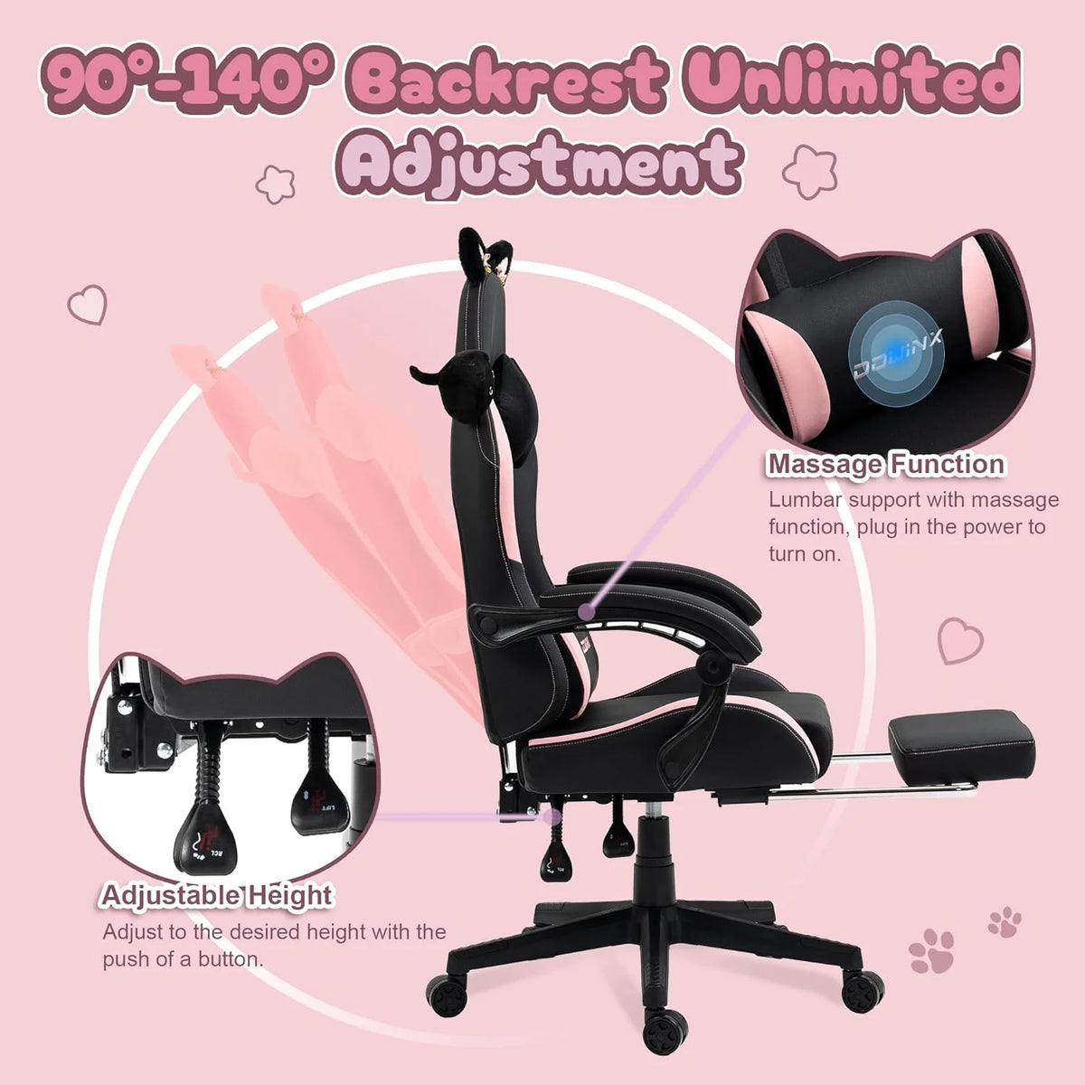 Dowinx Gaming Chair Cute with Cat Ears and Massage Lumbar Support, Ergonomic Computer Chair for Girl with Footrest and Headrest, Comfortable Reclining Game Chair 290lbs for Adult, Teen, Blue Green