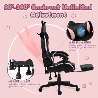 Dowinx Gaming Chair Cute with Cat Ears and Massage Lumbar Support, Ergonomic Computer Chair for Girl with Footrest and Headrest, Comfortable Reclining Game Chair 290lbs for Adult, Teen, Blue Green
