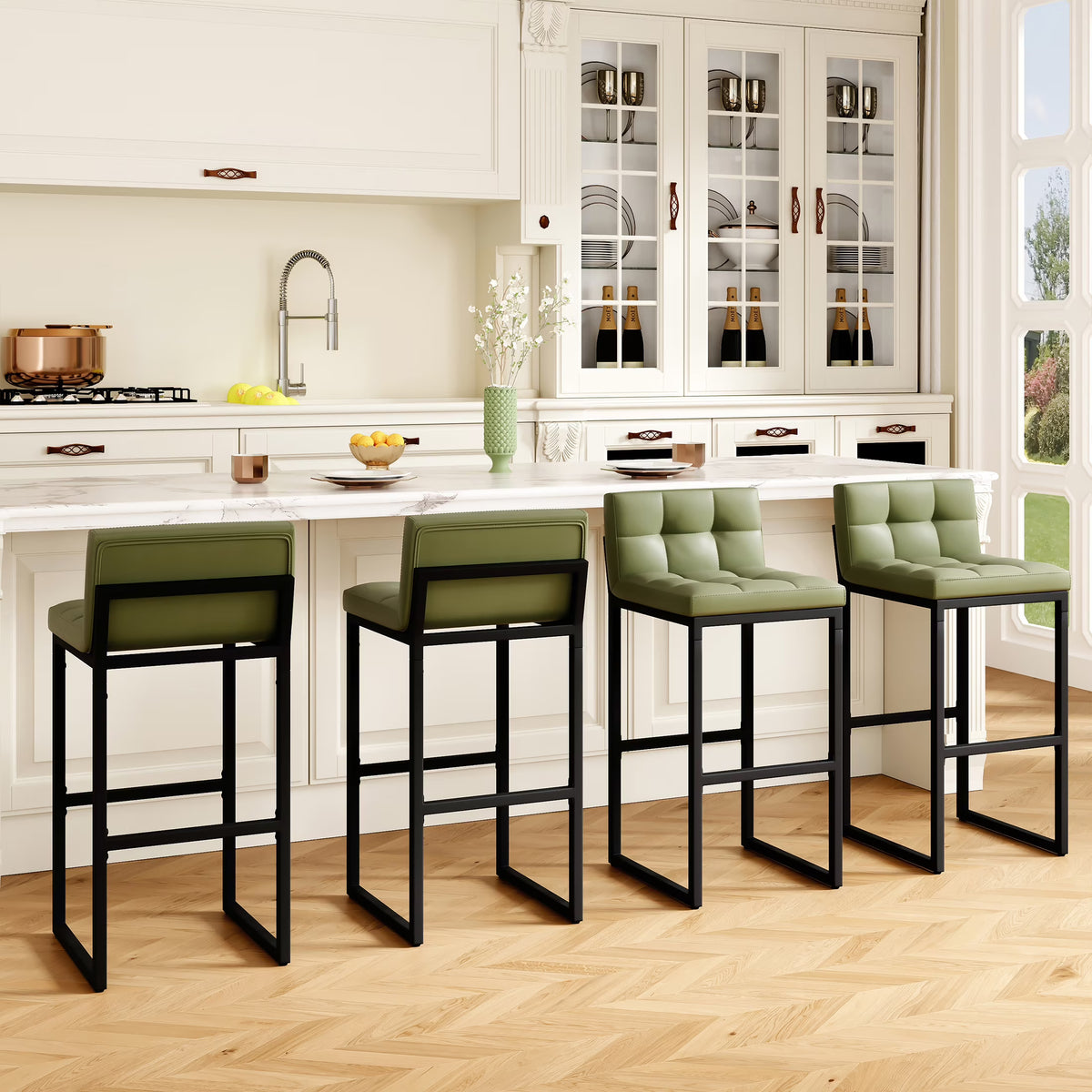 FIRAVOE Bar Stools Set of 3, Counter Height Bar Stools (Low Back)(Thickened Frame) 26" PU Leather Barstools Bar Chairs for Kitchen Island, Black