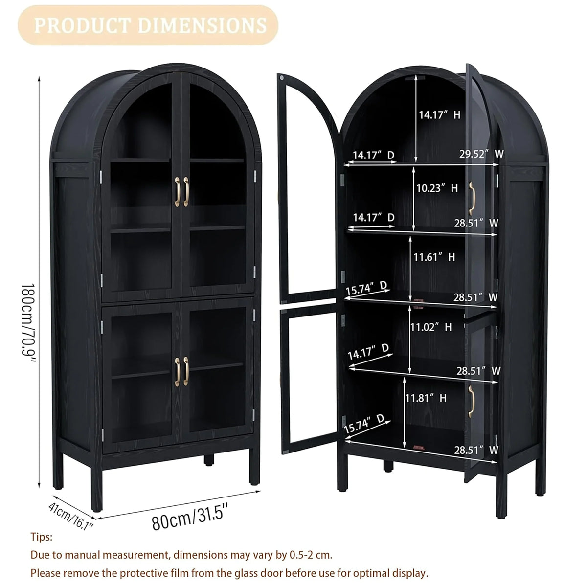 Tall Arched Storage Display Cabinet 5-Shelf with Acrylic Glass Doors, Kitchen Pantry Storage Cabinet Accent Cabinet Bookcase for Living Dining Room