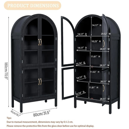 Tall Arched Storage Display Cabinet 5-Shelf with Acrylic Glass Doors, Kitchen Pantry Storage Cabinet Accent Cabinet Bookcase for Living Dining Room