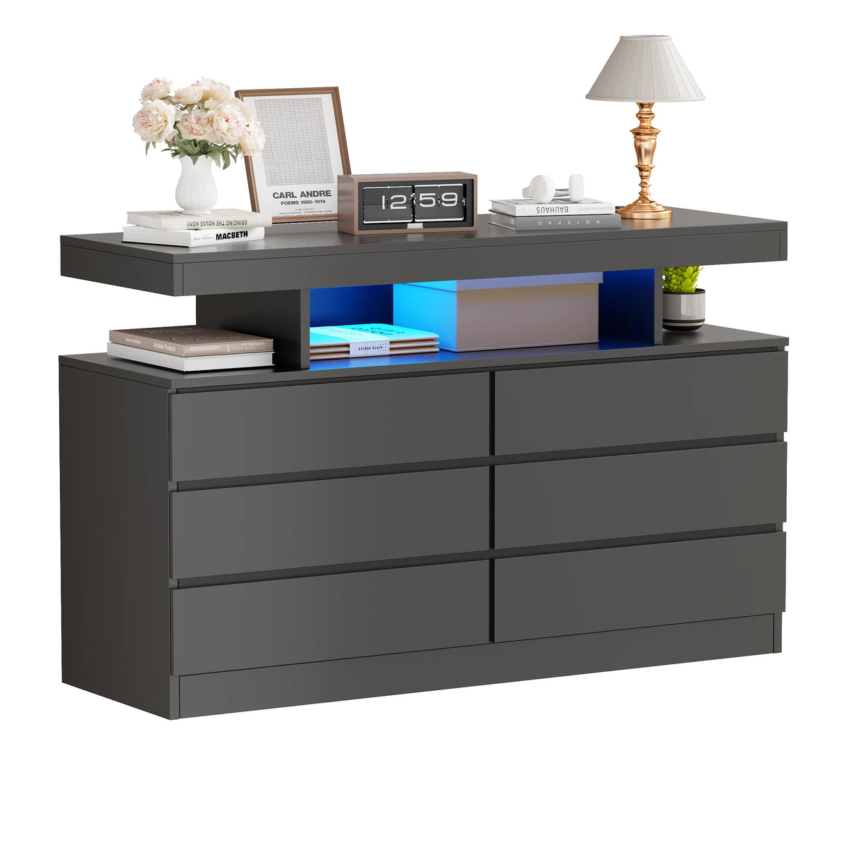 BEWISHOME Black 6-Drawer Dresser with LED Lights & Charging Station �C Modern Wood Storage Cabinet with Open Shelge Cabinet with Open Shelf, USB Ports & Outlets �C 47.24" Bedroom & Living Room TV Stand
