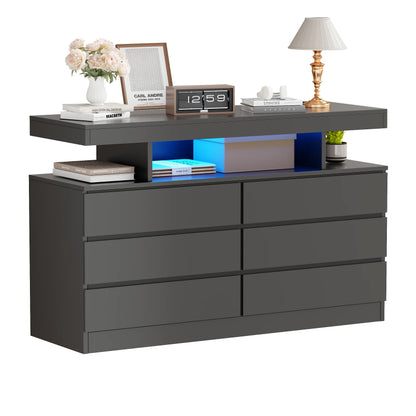 BEWISHOME Black 6-Drawer Dresser with LED Lights & Charging Station �C Modern Wood Storage Cabinet with Open Shelge Cabinet with Open Shelf, USB Ports & Outlets �C 47.24" Bedroom & Living Room TV Stand