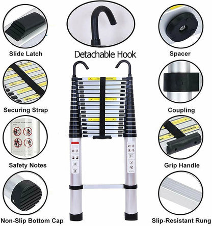 Jupiter Multi-Purpose Telescoping Extension Ladder with 2 Detachable Hooks, 20 ft, Aluminum Silver