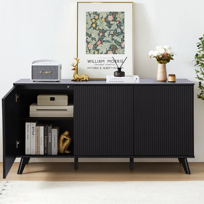 Wirrytor Sideboard Storage Cabinet with Doors and Shelves, Buffet Cabinet with Storage, Credenza Storage Cabinet for Kitchen, Wooden Fluted Cabinet, Under TV Cabinet with Storage - Black