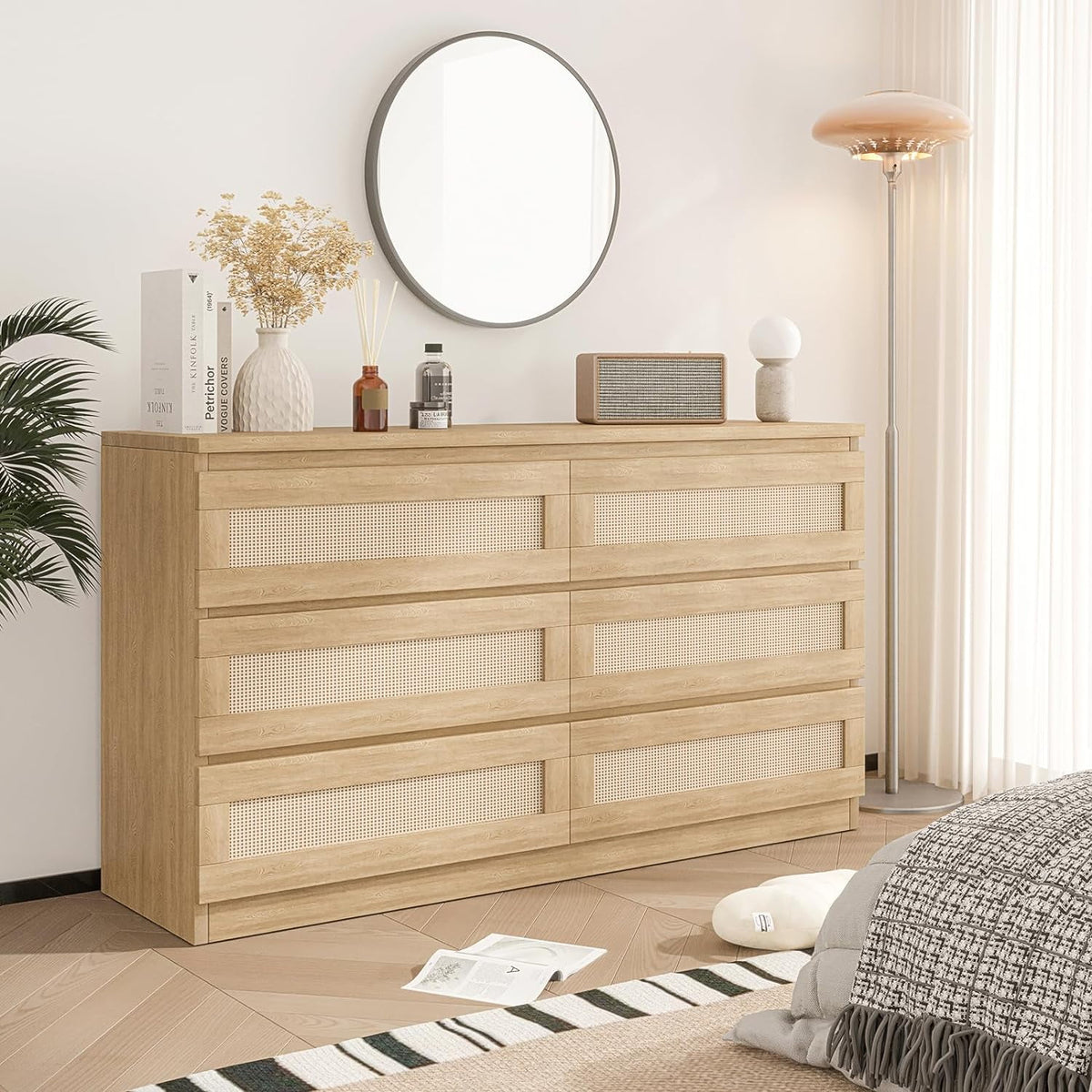 Jojoka 6-Drawers Rattan Dresser for Bedroom Chest of Drawers, TV Stand for 55" TV, Wood Top Storage Organizer Cabinet for Living Room, Entryway, Hallway, Natural