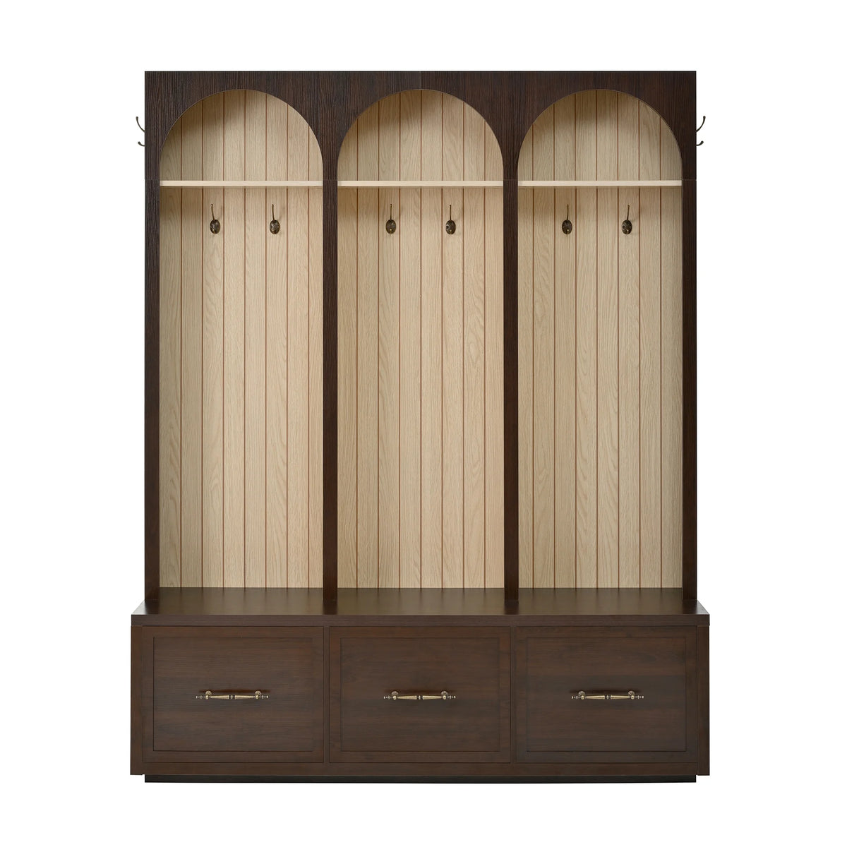Euroco Farmhouse Wooden Style Hall Tree with Arched Design, Elegant 59" Wide Entryway Bench with 8 Retro Hooks, Rustic Coat Rack & Shoe Organizer with 3 Drawers for Mudroom, Living Room, Dark Walnut